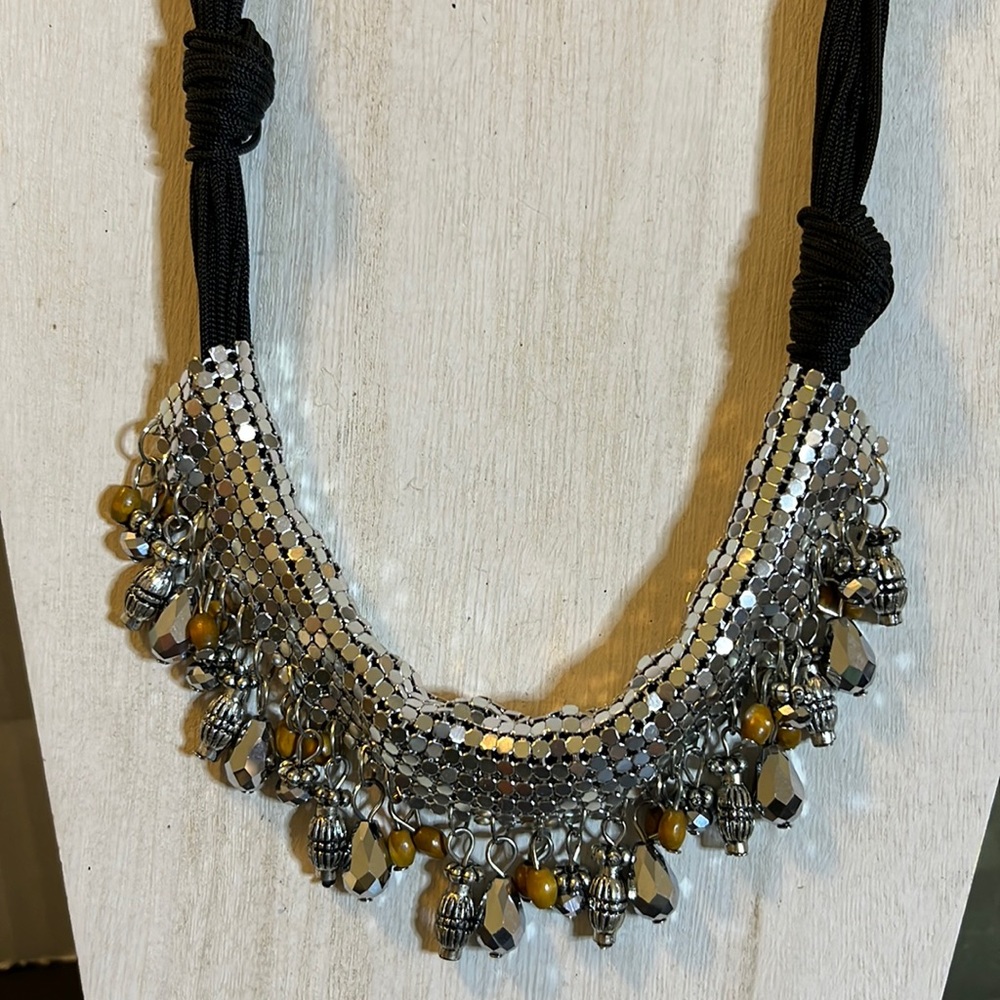 “G” black cord and silver tone mesh necklace NWT